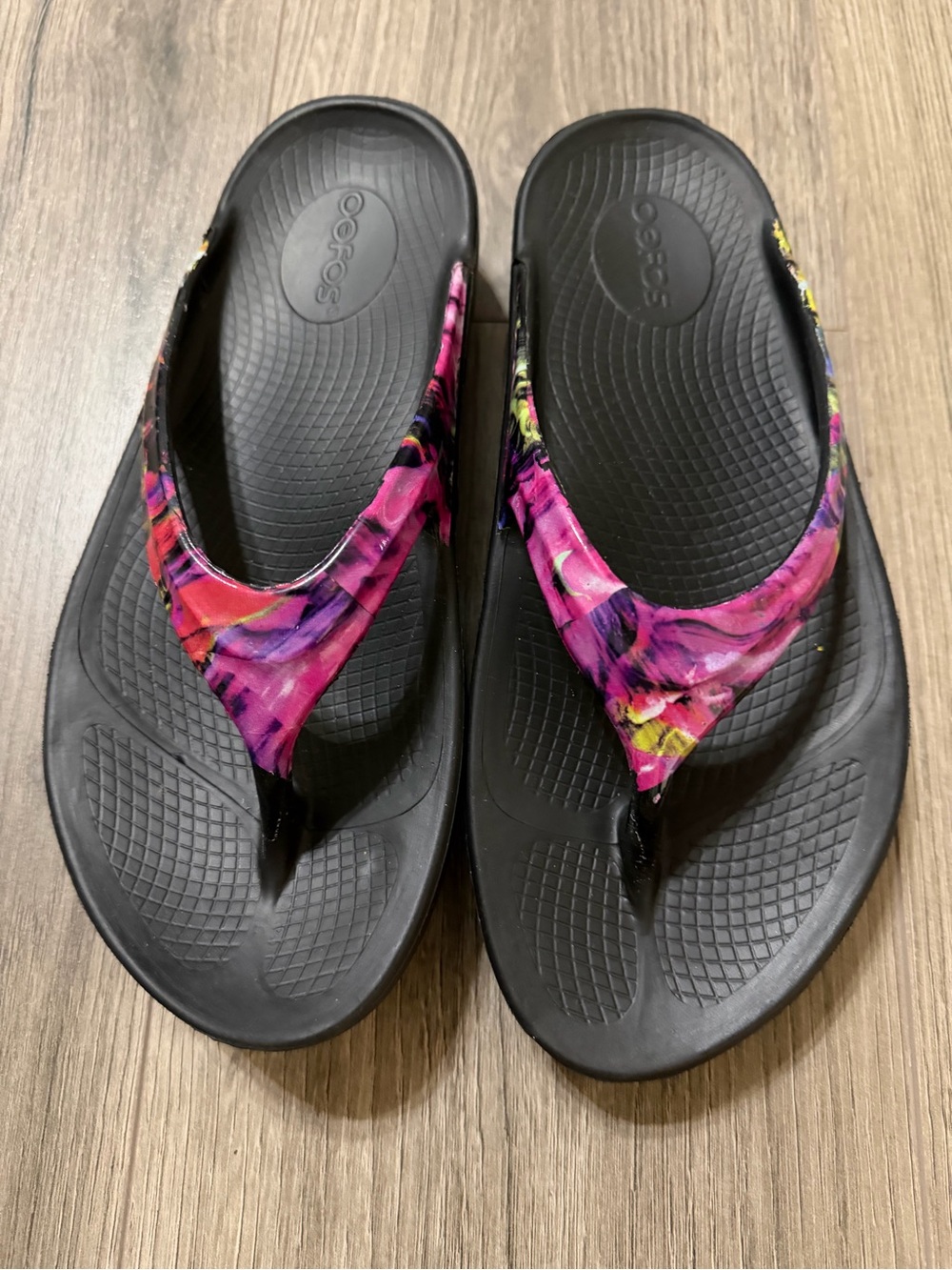 OOFOS Black Flip Flops with Pink Floral Straps